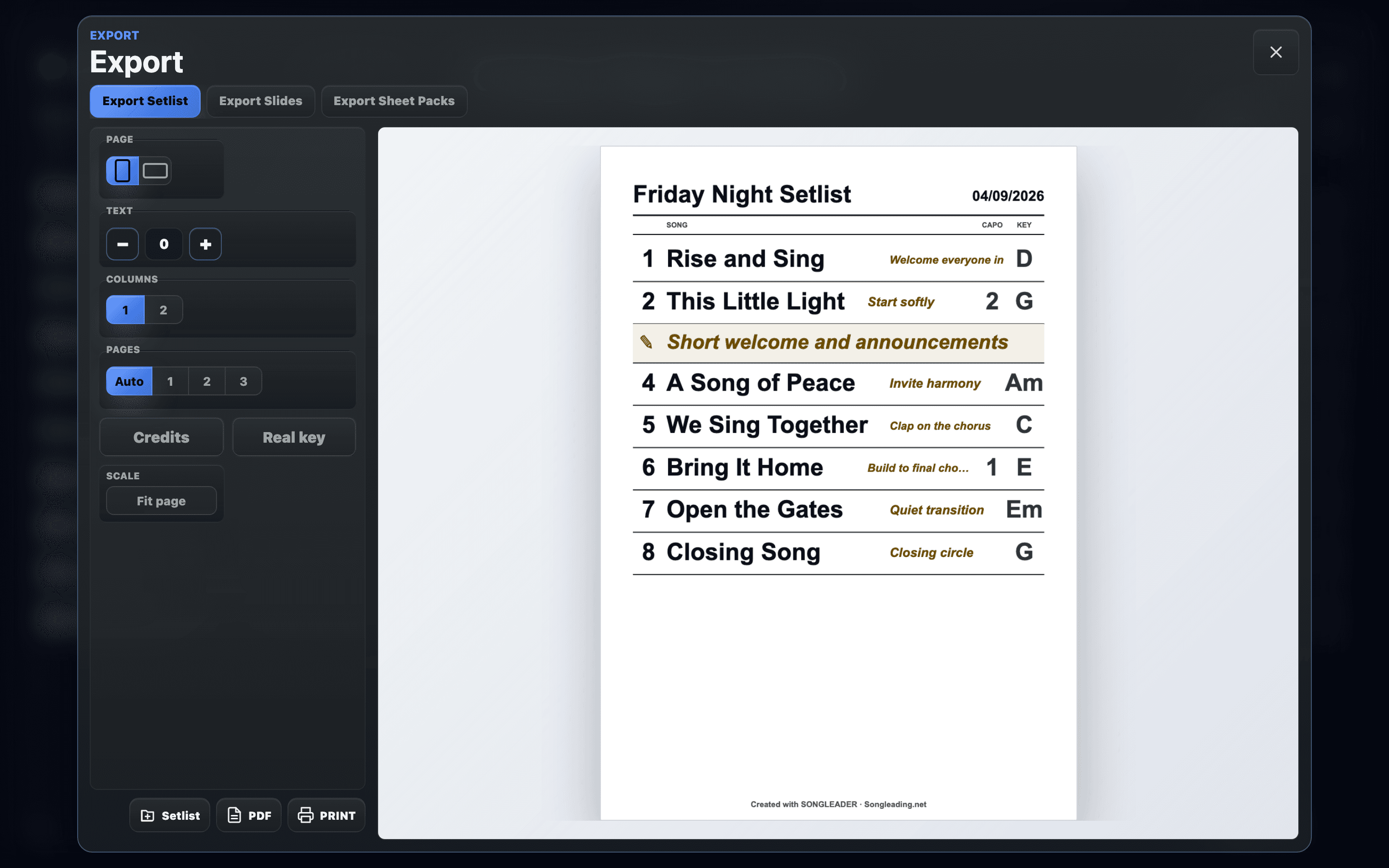 Songleader setlist export showing controls and a centered finished setlist