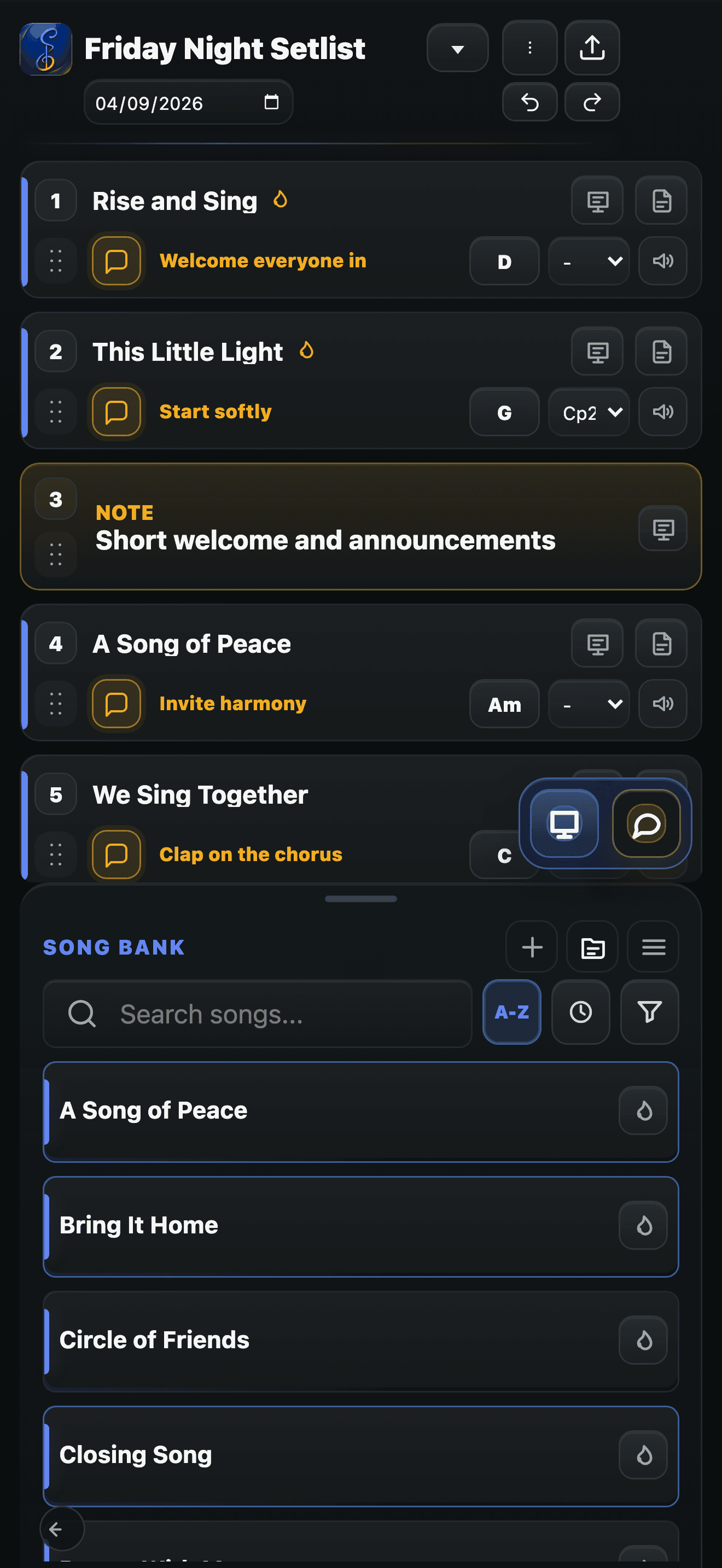 Songleader setlist and Song Bank on iPhone
