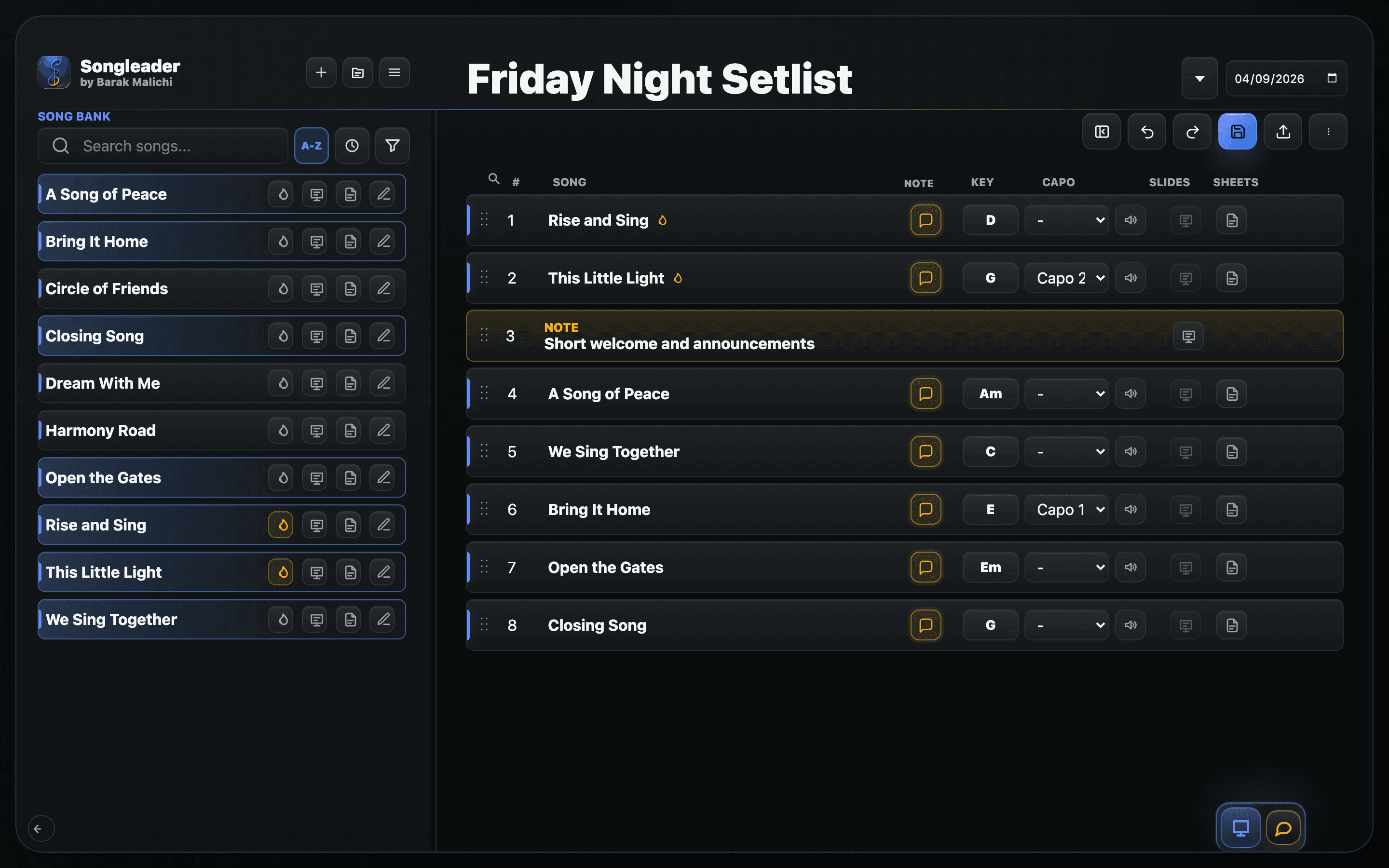 Songleader setlist planning workspace
