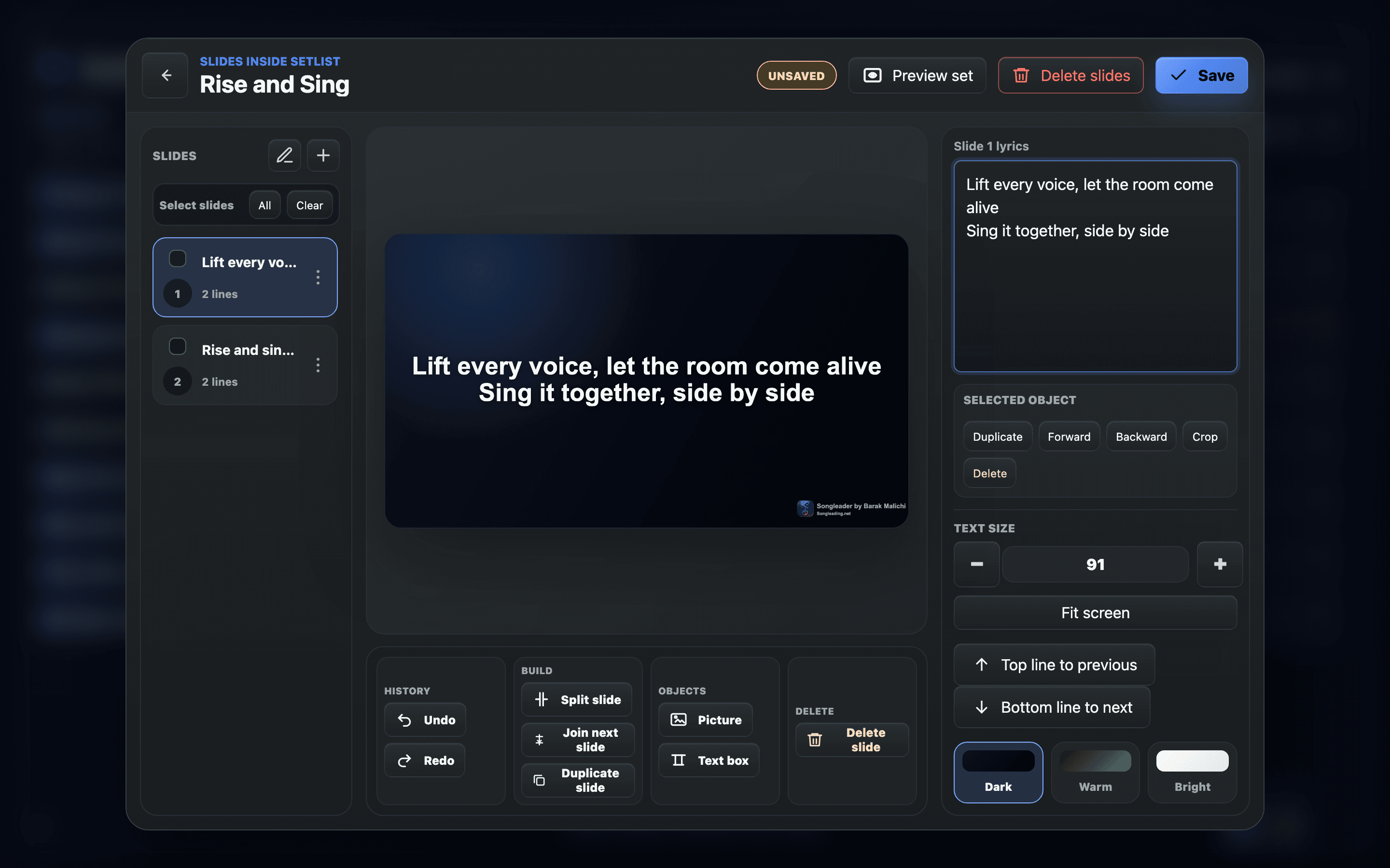 Songleader slide editor with the lyric slide centered in its preview stage