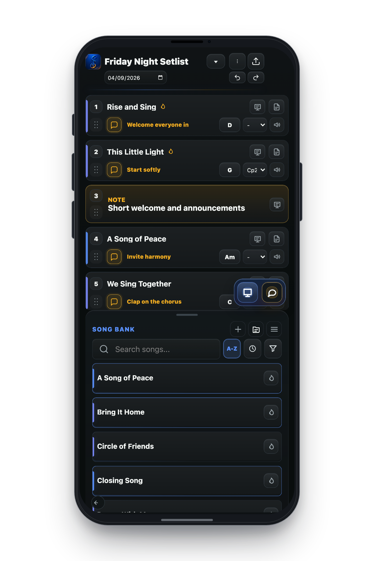 Songleader setlist and Song Bank displayed on an iPhone