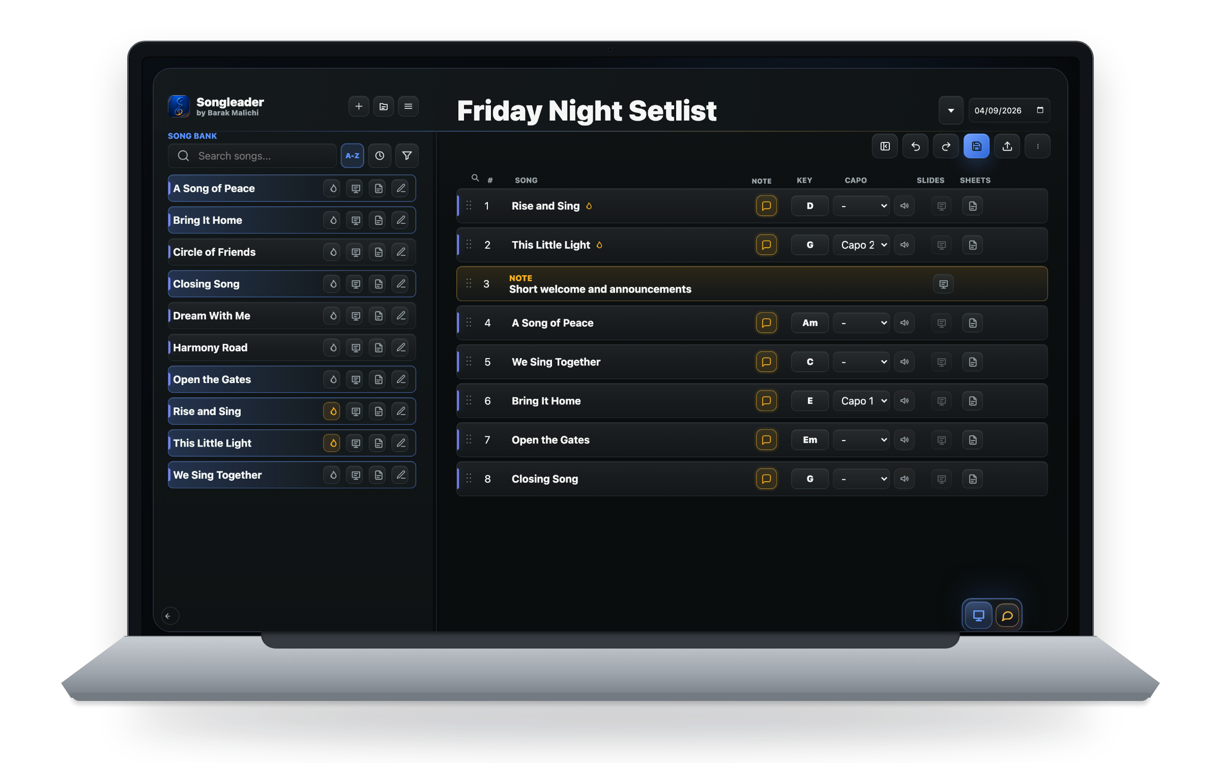 Songleader setlist planning workspace displayed on a MacBook